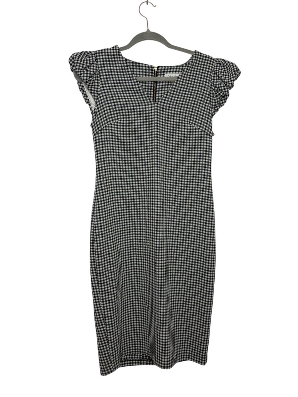 Calvin Klein Black, Blue, & White Gingham Midi Dress with Ruffled Cap Sleeves